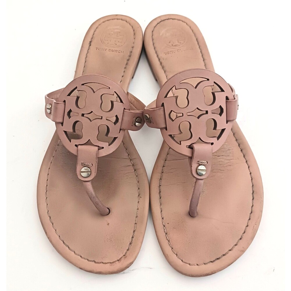 Tory Burch Miller Thong Sandals Nude Beige Leather Medallion Logo 8.5M